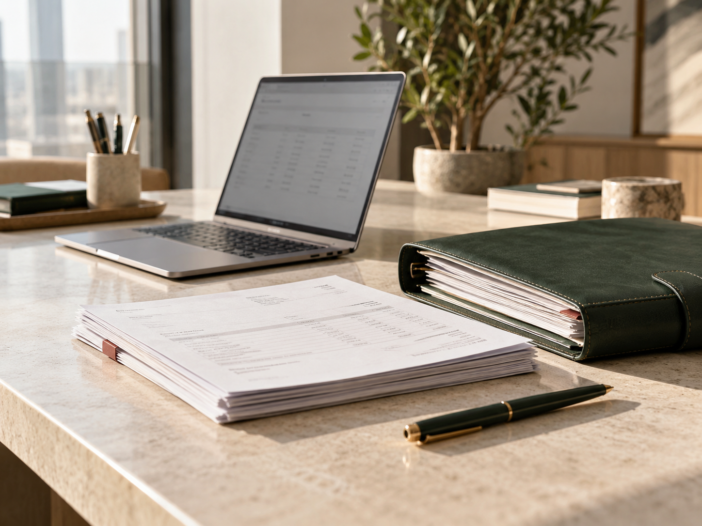 An organised accounting desk with invoice records, a laptop and a green document folder