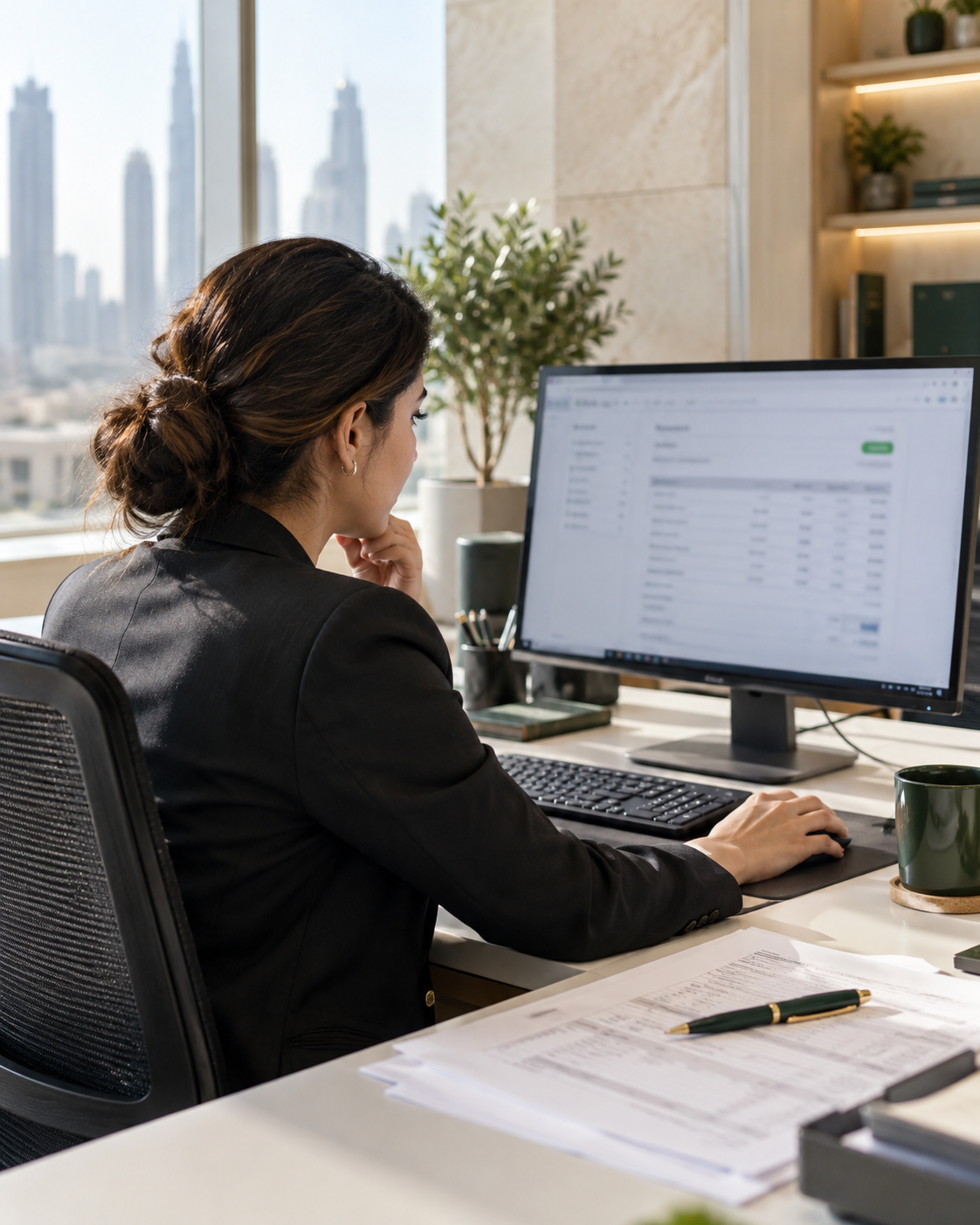 Finance professional reviewing a digital invoice in a bright UAE office